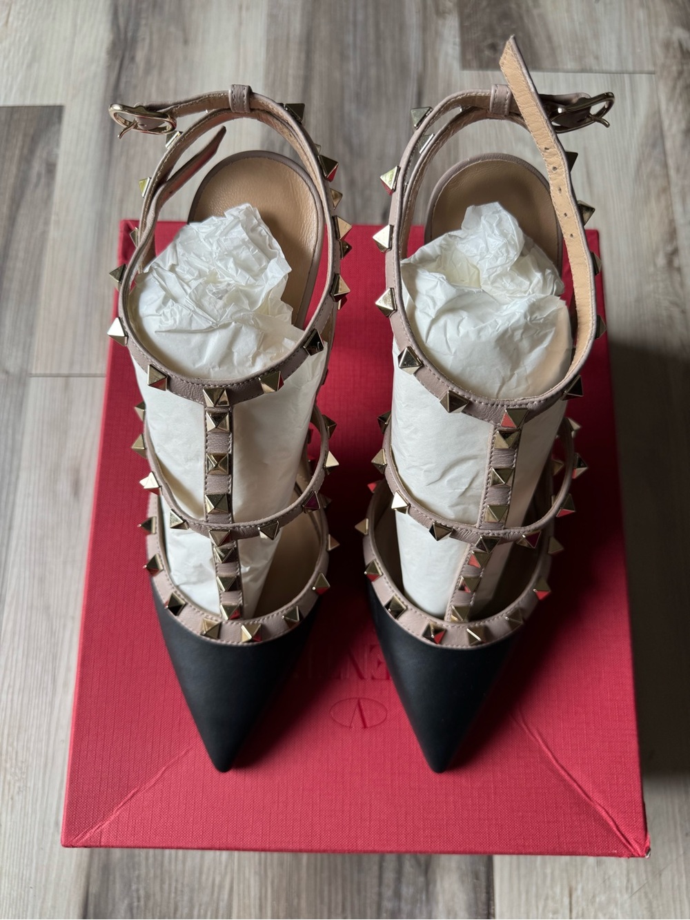 Valentino Black Pointed-Toe Rockstud T-Strap Heels with Nude Straps